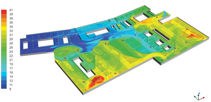 CFD plot of CO concentration levels, scale in ppm